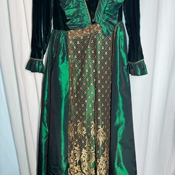 Vintage 1970s Renaissance Green Velvet Taffeta Victorian Maxi Dress Talon XS/S - Picture 6 of 11